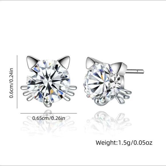 💎🐈Sterling Silver CZ Diamond Stud Cat Earrings🐈💎 - Picture 9 of 17